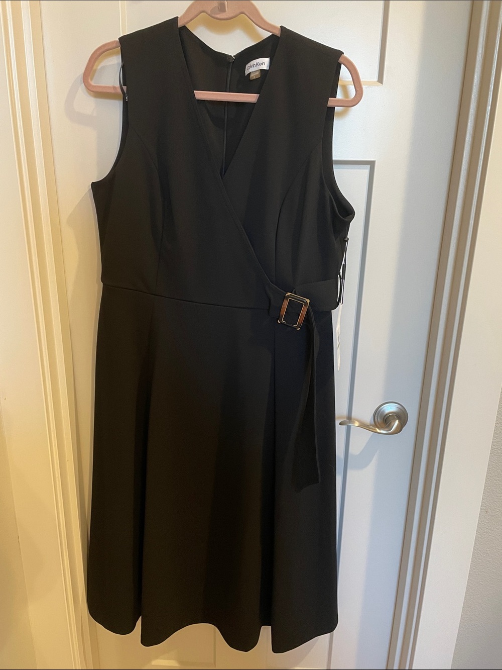Calvin Klein Black Sleeveless Wrap Midi Dress with Buckle